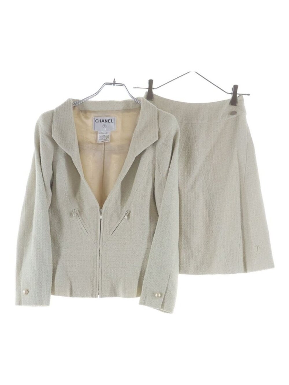 Chanel Tweed Suit Pearl Zip Up Jacket Mini Skirt Ivory